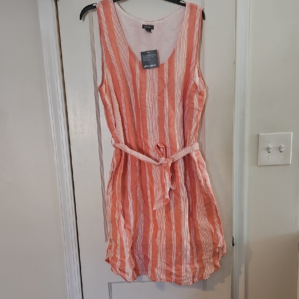 Eddie Bauer NWT Linen Coral and White Striped Dress (Size XL)